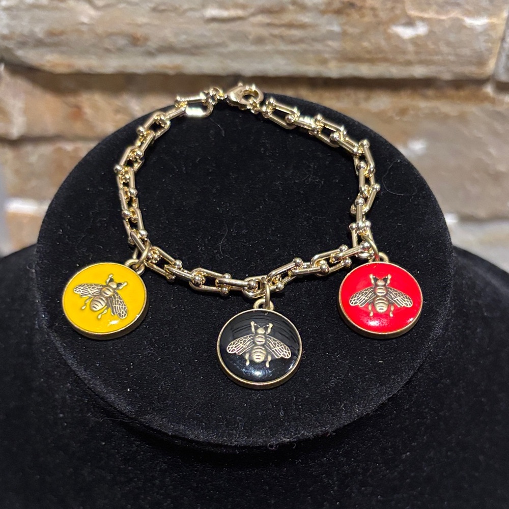 Gold Chain Charm Bracelet with Yellow, Black & Red Mini GG Bee Medallions